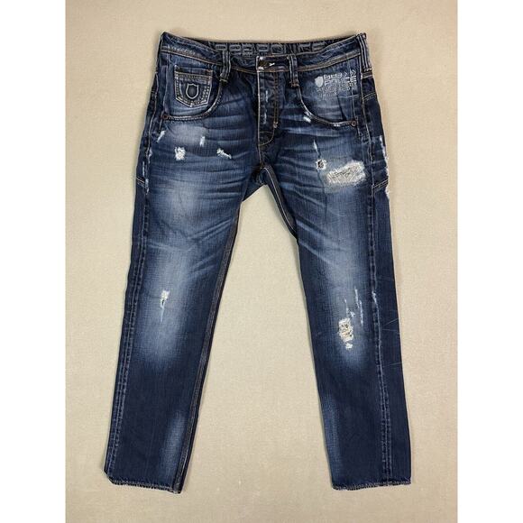 883 Police Jeans Mens 32 Blue‎ Black Motello Distressed Straight Leg Slim Fit - Picture 1 of 16